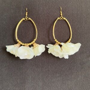 Elegant Gold and Cream Floral Hoop Earrings